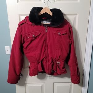 Vintage Nils Womens 8 Red Belted Winter Ski Jacket Hooded Skiing Snow Bunny